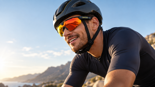 Un ciclista con casco lleva unas gafas deportivas inteligentes BleeqUp Ranger con lentes naranjas reflectantes, mientras recorre una ruta al aire libre con montañas y cielo azul de fondo.