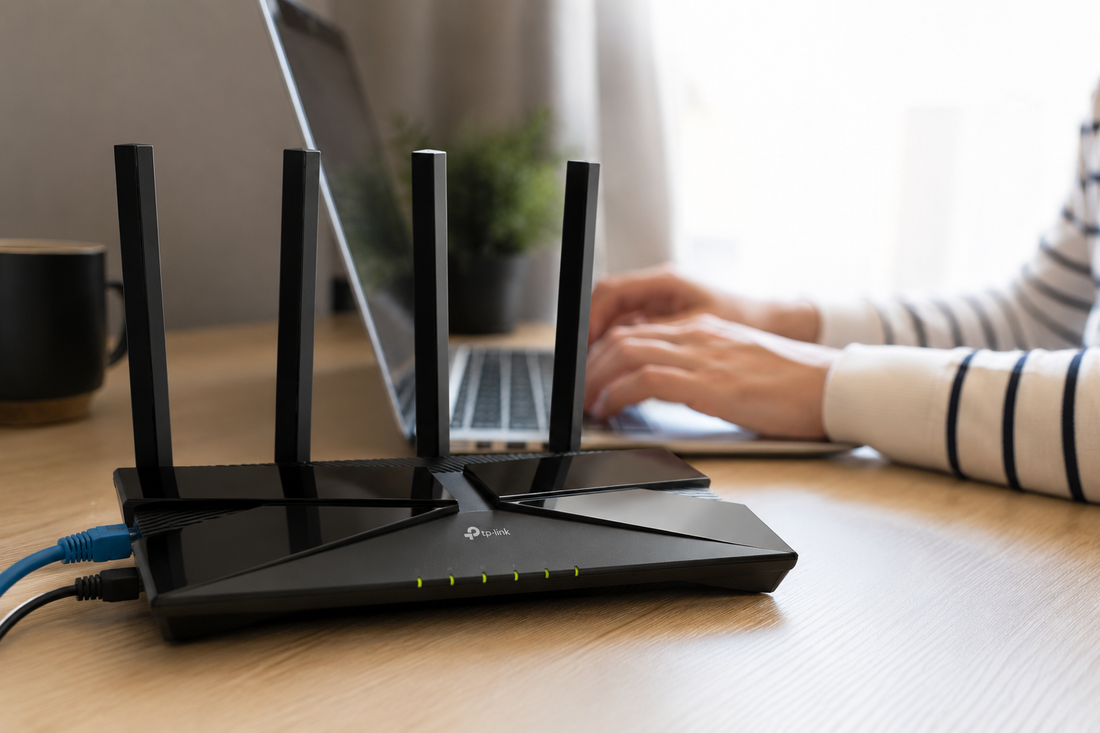 Router TP-Link Archer AX53 WiFi 6 sobre un escritorio de madera, conectado mediante cables Ethernet, mientras una persona trabaja con un ordenador portátil desenfocado al fondo en un entorno de oficina o teletrabajo.