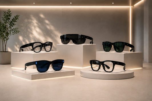 Cinco modelos de gafas inteligentes negras expuestos sobre pedestales blancos en un showroom moderno con iluminación LED y diseño minimalista.