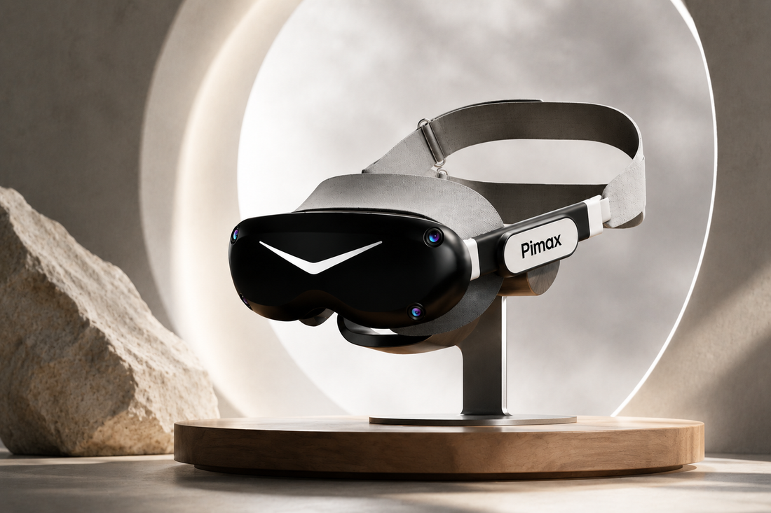 Visor de realidad virtual Pimax Dream Air expuesto sobre un soporte, con un fondo neutro de estilo futurista y una iluminación suave que destaca su diseño.